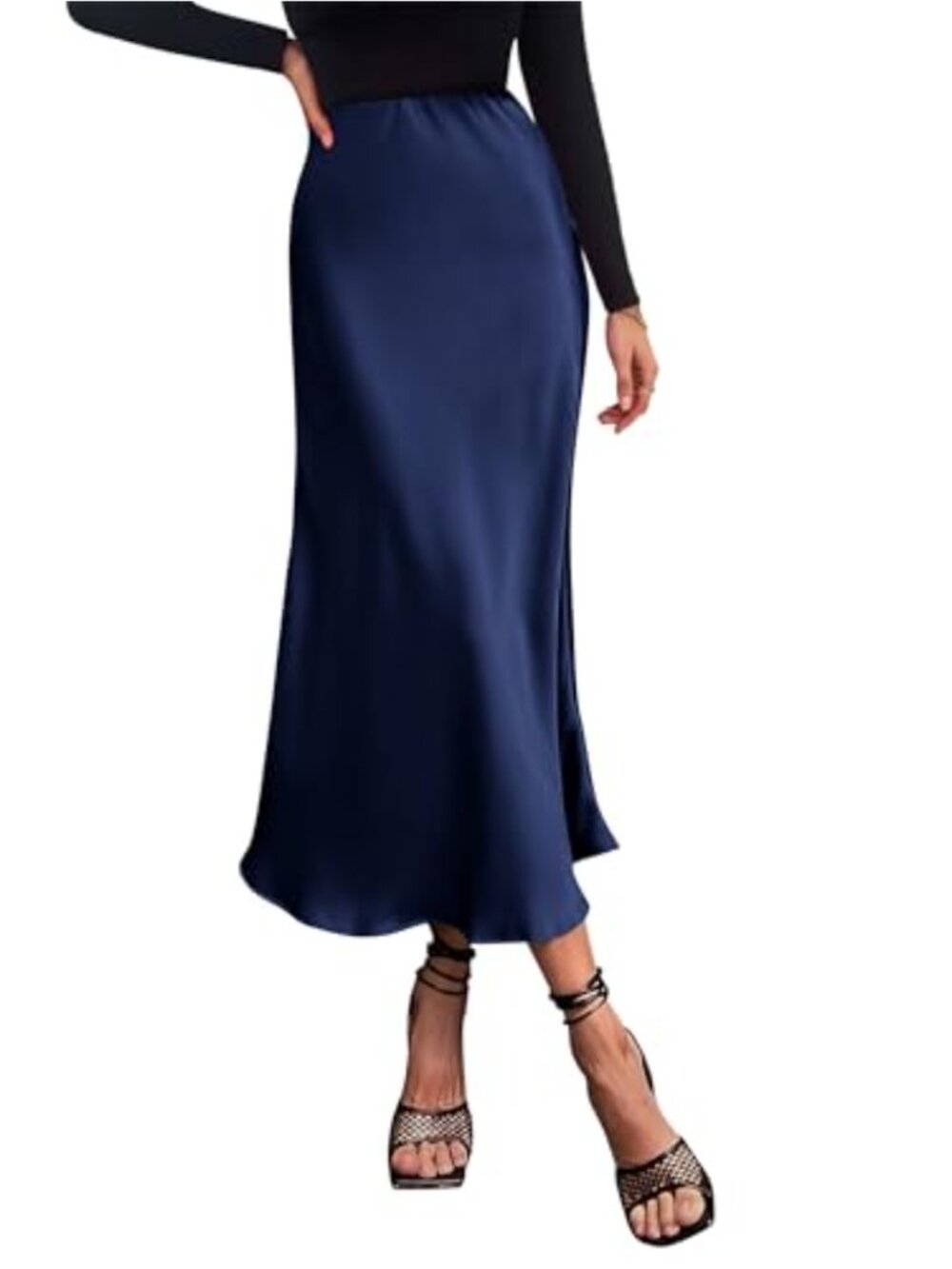 Women Satin Midi Skirt High Waisted A Line Flowy Ruffle Dressy Casual